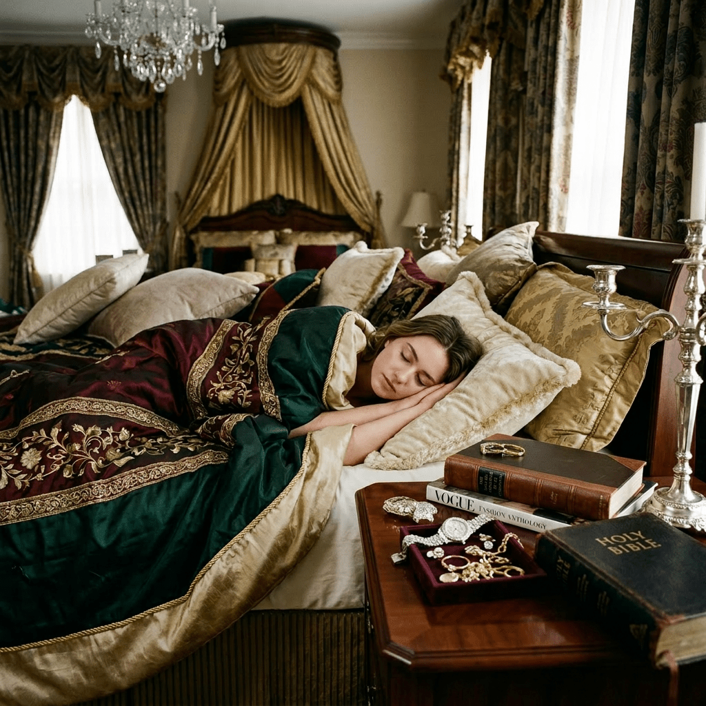 Woman sleeping on a lavish bed with ornate bedding and surrounding vintage decor
