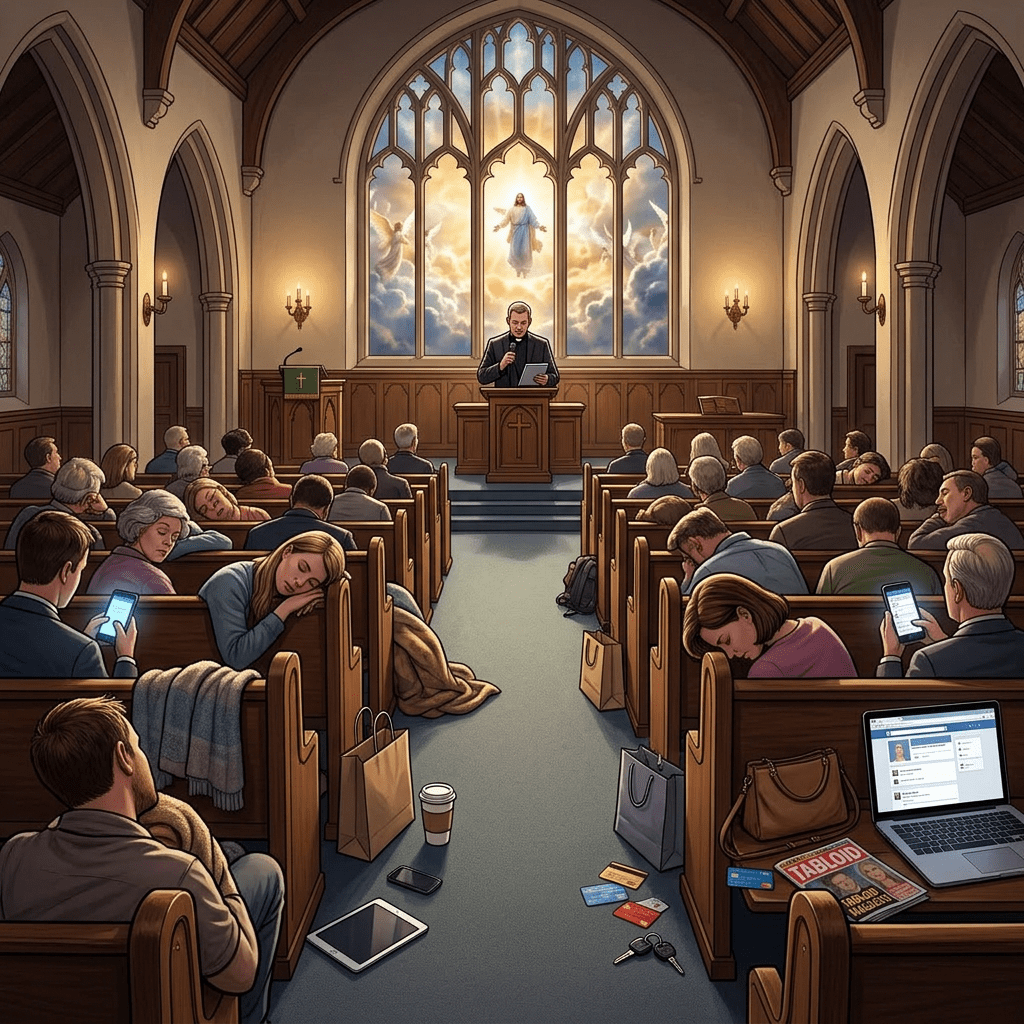 Church distracted by worldly things, sleeping congregation