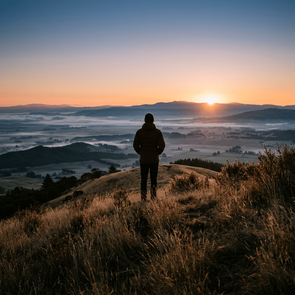Solitary figure on hill at sunrise light