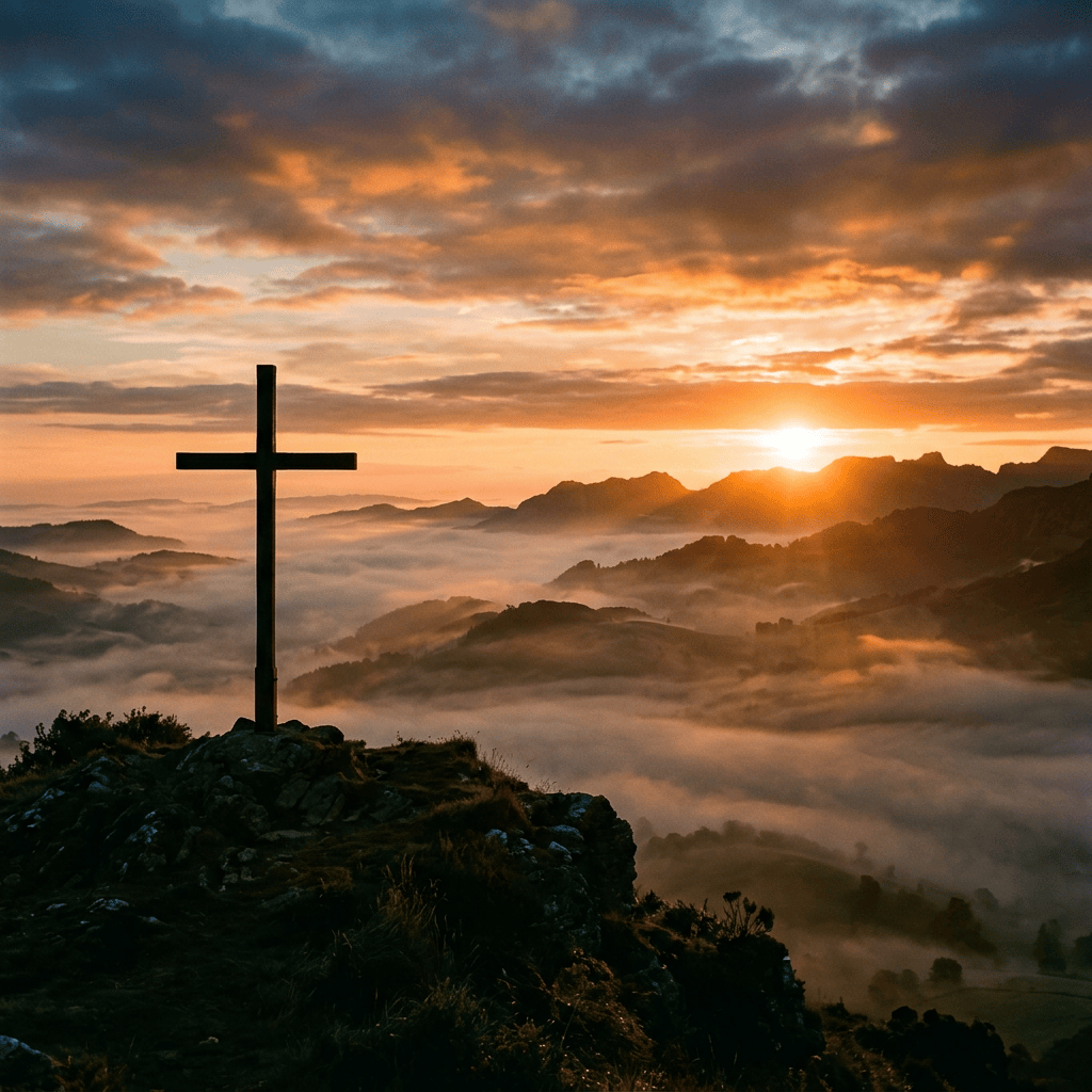 Silhouetted cross on rocky mountain peak at sunrise with fog and distant hills