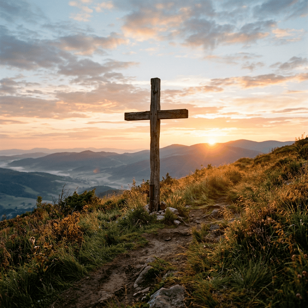 Wooden cross on a grassy mountain path at sunset with rolling hills
