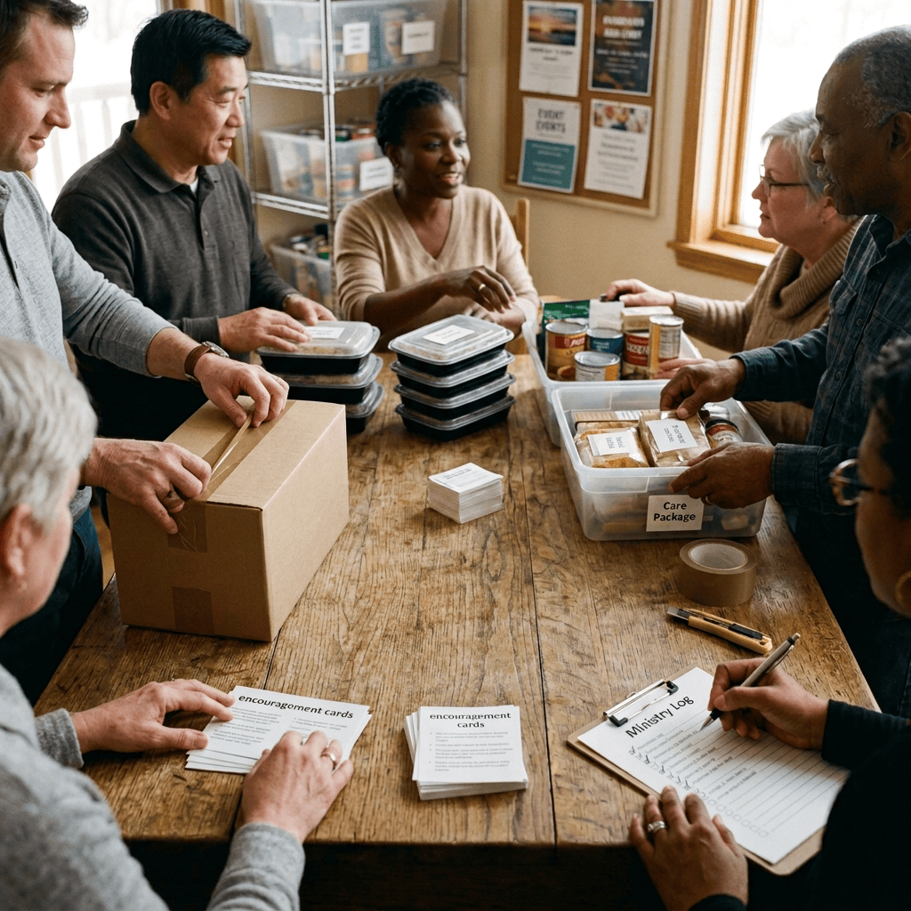 Several people studying an open Holy Bible around a wooden table