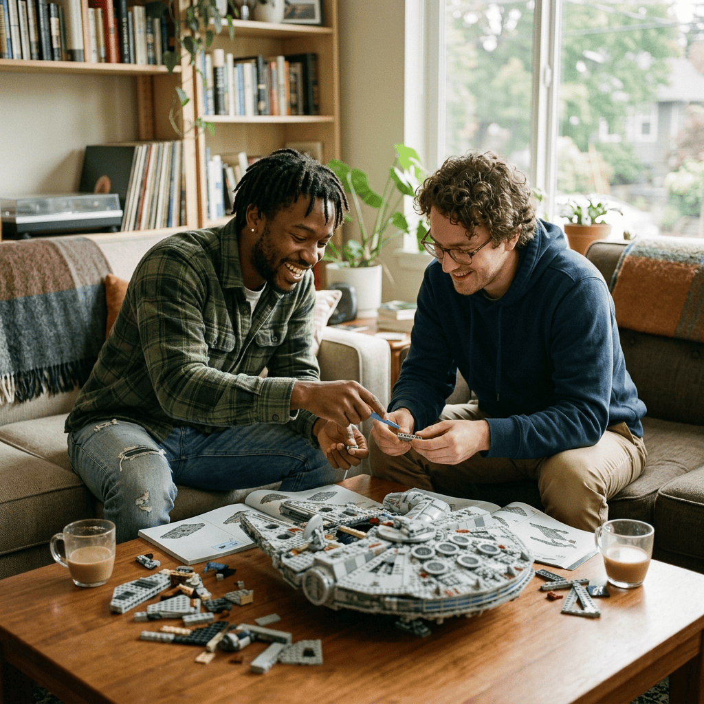 Two friends assembling a LEGO spaceship at a living room table