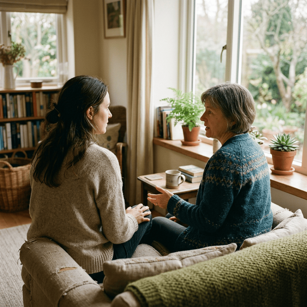 Two people sharing a compassionate conversation