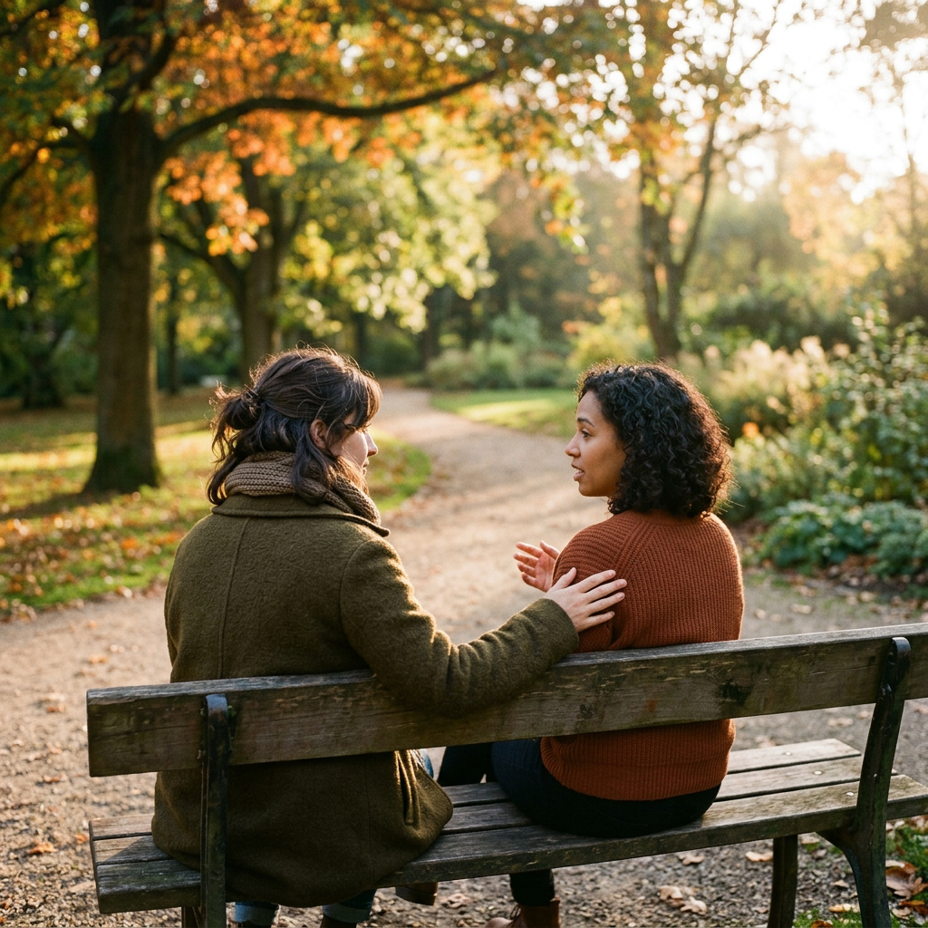 Two women talking on a park bench in an autumn garden